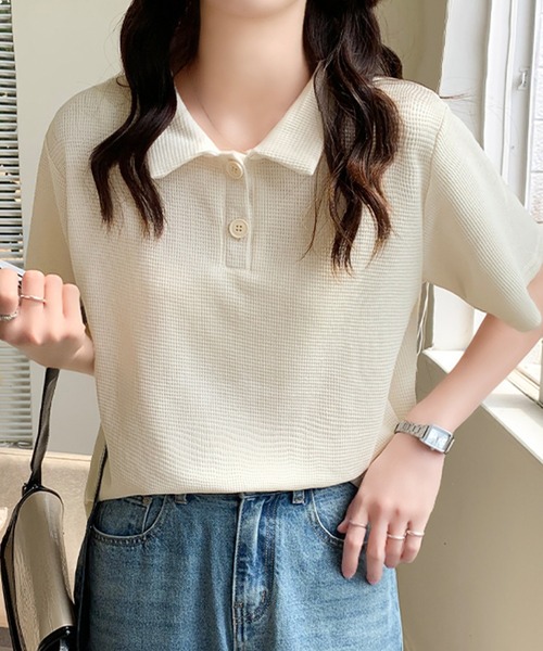 Girly Doll(ガーリードール)の「ワッフルポロシャツ(Tシャツ/カットソー・レディース・ホワイト/ブラック/ベージュ/グリーン/ピンク・FREE)」の3枚目の写真