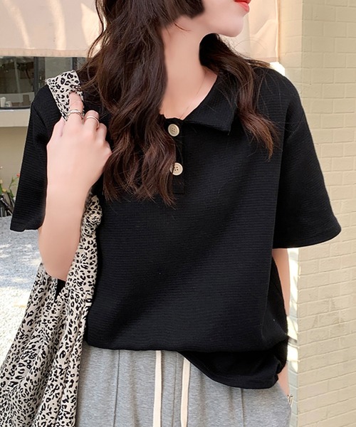 Girly Doll(ガーリードール)の「ワッフルポロシャツ(Tシャツ/カットソー・レディース・ホワイト/ブラック/ベージュ/グリーン/ピンク・FREE)」の2枚目の写真