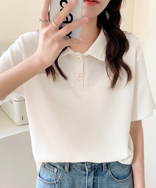 Girly Doll(ガーリードール)の「ワッフルポロシャツ(Tシャツ/カットソー・レディース・ホワイト/ブラック/ベージュ/グリーン/ピンク・FREE)」の6枚目の写真