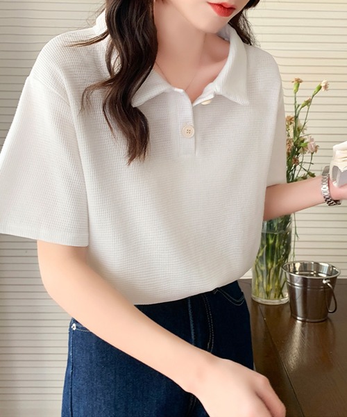 Girly Doll(ガーリードール)の「ワッフルポロシャツ(Tシャツ/カットソー・レディース・ホワイト/ブラック/ベージュ/グリーン/ピンク・FREE)」の8枚目の写真