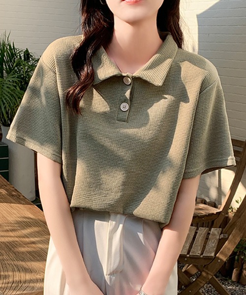 Girly Doll(ガーリードール)の「ワッフルポロシャツ(Tシャツ/カットソー・レディース・ホワイト/ブラック/ベージュ/グリーン/ピンク・FREE)」の11枚目の写真