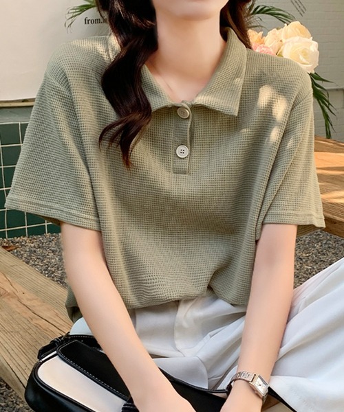 Girly Doll(ガーリードール)の「ワッフルポロシャツ(Tシャツ/カットソー・レディース・ホワイト/ブラック/ベージュ/グリーン/ピンク・FREE)」の10枚目の写真
