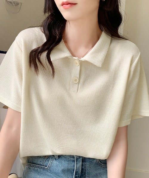 Girly Doll(ガーリードール)の「ワッフルポロシャツ(Tシャツ/カットソー・レディース・ホワイト/ブラック/ベージュ/グリーン/ピンク・FREE)」の9枚目の写真