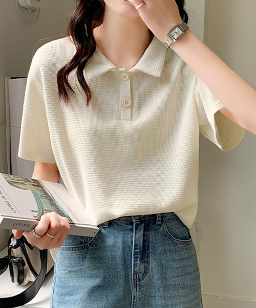 Girly Doll(ガーリードール)の「ワッフルポロシャツ(Tシャツ/カットソー・レディース・ホワイト/ブラック/ベージュ/グリーン/ピンク・FREE)」の16枚目の写真