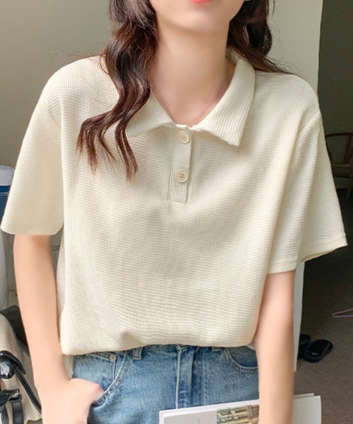 Girly Doll(ガーリードール)の「ワッフルポロシャツ(Tシャツ/カットソー・レディース・ホワイト/ブラック/ベージュ/グリーン/ピンク・FREE)」の12枚目の写真