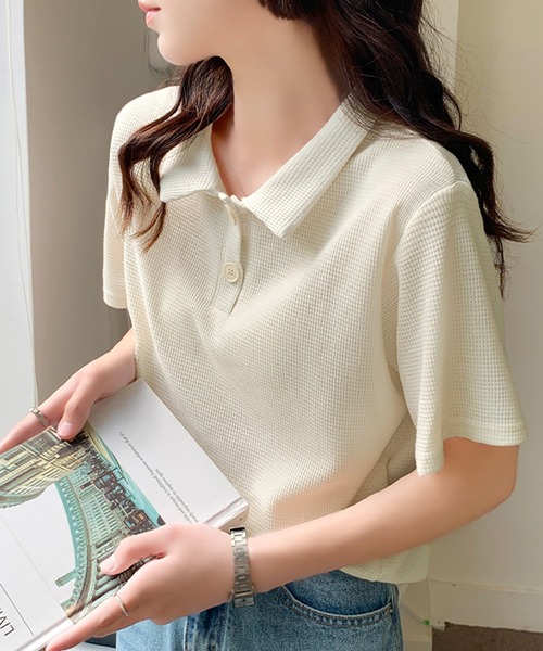 Girly Doll(ガーリードール)の「ワッフルポロシャツ(Tシャツ/カットソー・レディース・ホワイト/ブラック/ベージュ/グリーン/ピンク・FREE)」の14枚目の写真
