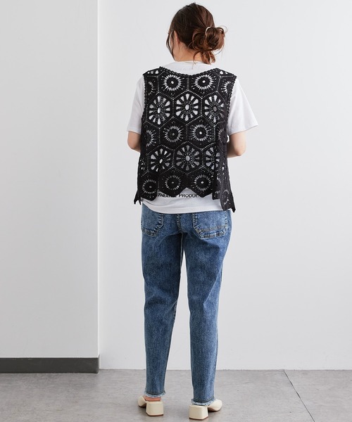 新品未使用　pual ce cin 刺繍入り　トップス　ネイビー PUAL CE CIN（ピュアルセシン）の「カギ針編み風ノースリーブ