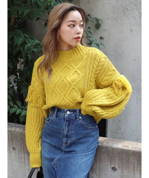 EVRIS（エヴリス）の「フリンジスリーブケーブルショートニット（ニット/セーター・レディース・ブラック/レッド/アイボリー/マスタード・FREE）」の12枚目の写真