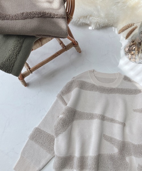 フラボア　異素材リミックスニット　もこもこ　ゆったりプルオーバー AS KNOW AS plus（アズノゥアズプラス）の「♪もこもこパターン柄