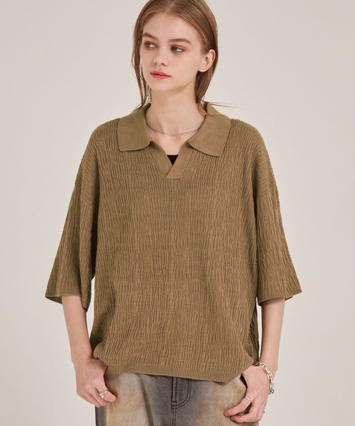 EMMA CLOTHES(エマクローズ)の「ジャガードスキッパールーズニット半袖ポロシャツ EMMA CLOTHES(ポロシャツ・メンズ・ブラック/アイボリー/カーキ/ダークブラウン/テラコッタ/マスタード/ブルー/ワイン/チャコールグレー/ライトパープル/ライトグレー/ブラウン/グレイッシュブルー/ライトブラウン/ブルー系・M/L/S)」の8枚目の写真