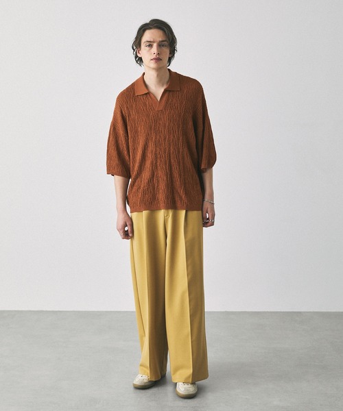 EMMA CLOTHES(エマクローズ)の「ジャガードスキッパールーズニットポロシャツ EMMA CLOTHES(ポロシャツ・メンズ・ブラック/アイボリー/カーキ/ダークブラウン/テラコッタ/マスタード/ブルー/ワイン/チャコールグレー/ライトパープル/ライトグレー/ブラウン/グレイッシュブルー・M/L/S)」の15枚目の写真