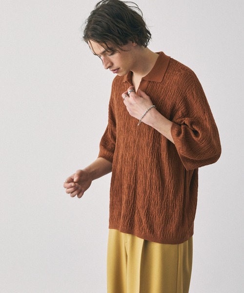 EMMA CLOTHES(エマクローズ)の「ジャガードスキッパールーズニットポロシャツ EMMA CLOTHES(ポロシャツ・メンズ・ブラック/アイボリー/カーキ/ダークブラウン/テラコッタ/マスタード/ブルー/ワイン/チャコールグレー/ライトパープル/ライトグレー/ブラウン/グレイッシュブルー・M/L/S)」の21枚目の写真