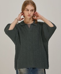 EMMA CLOTHES（エマクローズ）の「ジャガードスキッパールーズニット半袖ポロシャツ EMMA CLOTHES（ポロシャツ）」