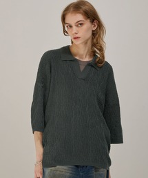 EMMA CLOTHES（エマクローズ）の「ジャガードスキッパールーズニット半袖ポロシャツ EMMA CLOTHES（ポロシャツ）」