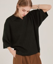 EMMA CLOTHES（エマクローズ）の「ジャガードスキッパールーズニット半袖ポロシャツ EMMA CLOTHES（ポロシャツ）」