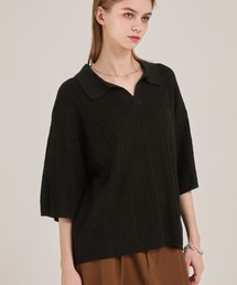 EMMA CLOTHES（エマクローズ）の「ジャガードスキッパールーズニット半袖ポロシャツ EMMA CLOTHES（ポロシャツ）」