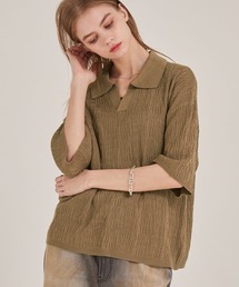 EMMA CLOTHES（エマクローズ）の「ジャガードスキッパールーズニット半袖ポロシャツ EMMA CLOTHES（ポロシャツ）」