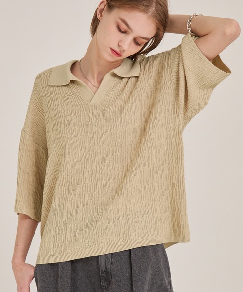 EMMA CLOTHES(エマクローズ)の「ジャガードスキッパールーズニット半袖ポロシャツ EMMA CLOTHES(ポロシャツ・メンズ・ブラック/アイボリー/カーキ/ダークブラウン/テラコッタ/マスタード/ブルー/ワイン/チャコールグレー/ライトパープル/ライトグレー/ブラウン/グレイッシュブルー/ライトブラウン/ブルー系・M/L/S)」の17枚目の写真