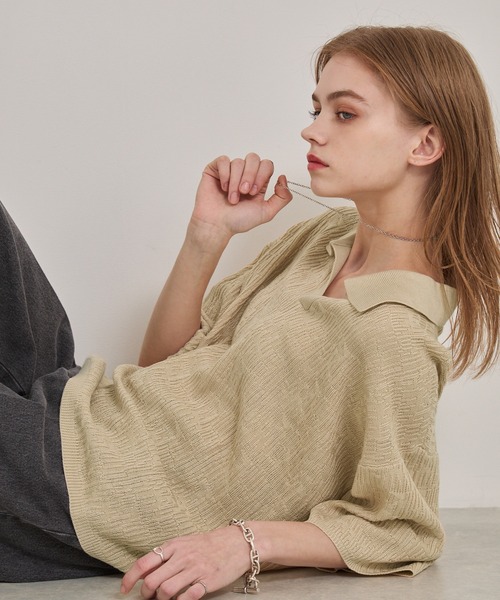 EMMA CLOTHES(エマクローズ)の「ジャガードスキッパールーズニット半袖ポロシャツ EMMA CLOTHES(ポロシャツ・メンズ・ブラック/アイボリー/カーキ/ダークブラウン/テラコッタ/マスタード/ブルー/ワイン/チャコールグレー/ライトパープル/ライトグレー/ブラウン/グレイッシュブルー/ライトブラウン/ブルー系・M/L/S)」の18枚目の写真