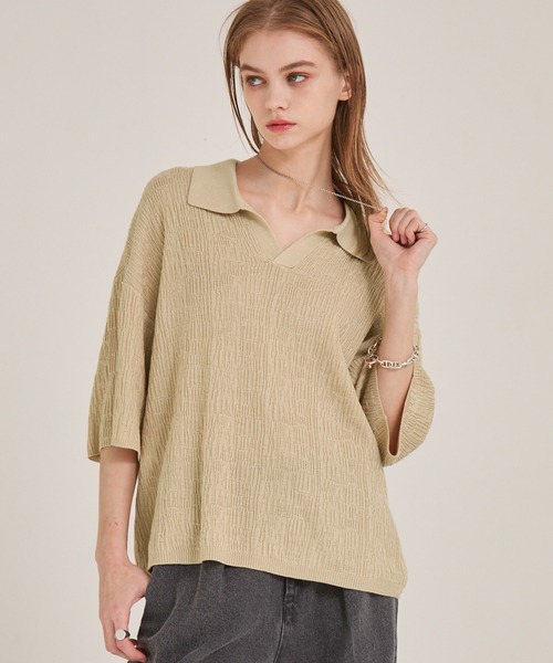 EMMA CLOTHES(エマクローズ)の「ジャガードスキッパールーズニット半袖ポロシャツ EMMA CLOTHES(ポロシャツ・メンズ・ブラック/アイボリー/カーキ/ダークブラウン/テラコッタ/マスタード/ブルー/ワイン/チャコールグレー/ライトパープル/ライトグレー/ブラウン/グレイッシュブルー/ライトブラウン/ブルー系・M/L/S)」の19枚目の写真