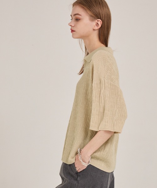 EMMA CLOTHES(エマクローズ)の「ジャガードスキッパールーズニット半袖ポロシャツ EMMA CLOTHES(ポロシャツ・メンズ・ブラック/アイボリー/カーキ/ダークブラウン/テラコッタ/マスタード/ブルー/ワイン/チャコールグレー/ライトパープル/ライトグレー/ブラウン/グレイッシュブルー/ライトブラウン/ブルー系・M/L/S)」の20枚目の写真