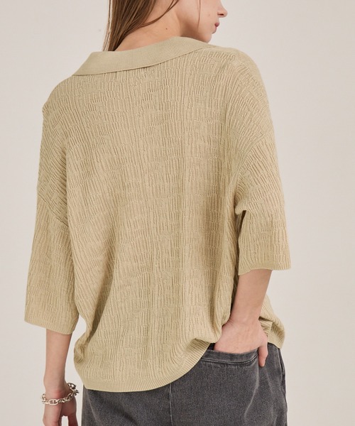 EMMA CLOTHES(エマクローズ)の「ジャガードスキッパールーズニット半袖ポロシャツ EMMA CLOTHES(ポロシャツ・メンズ・ブラック/アイボリー/カーキ/ダークブラウン/テラコッタ/マスタード/ブルー/ワイン/チャコールグレー/ライトパープル/ライトグレー/ブラウン/グレイッシュブルー/ライトブラウン/ブルー系・M/L/S)」の21枚目の写真
