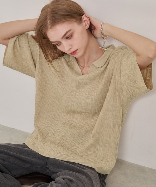 EMMA CLOTHES(エマクローズ)の「ジャガードスキッパールーズニット半袖ポロシャツ EMMA CLOTHES(ポロシャツ・メンズ・ブラック/アイボリー/カーキ/ダークブラウン/テラコッタ/マスタード/ブルー/ワイン/チャコールグレー/ライトパープル/ライトグレー/ブラウン/グレイッシュブルー/ライトブラウン/ブルー系・M/L/S)」の22枚目の写真