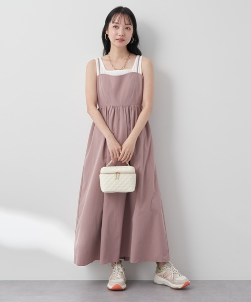 ミミADORE イージーコットンワンピース 定価4.1 千円 キャメル ワンピースベーシックギャザーフレアコットンキャミワンピース