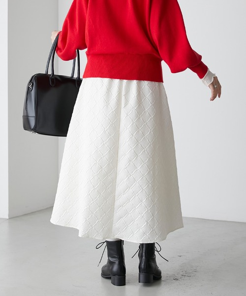 BONLECILL(ボンルシール)の「【セットアップ対応】ダイヤ柄ふくれジャガード エンボスボリュームフレアスカート(スカート・レディース・アイボリー/ブラック/ブラウン・FREE)」の7枚目の写真