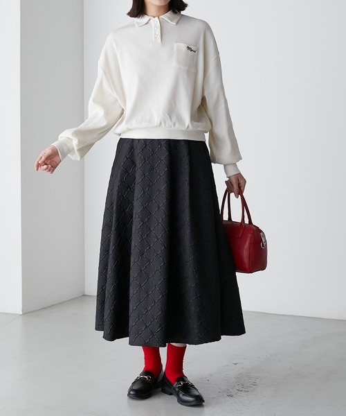 BONLECILL(ボンルシール)の「【セットアップ対応】ダイヤ柄ふくれジャガード エンボスボリュームフレアスカート(スカート・レディース・アイボリー/ブラック/ブラウン・FREE)」の19枚目の写真