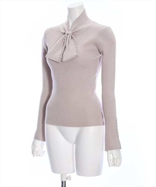 clear（クリア）の「ネックパールリボンリブニットトップス（ニット/セーター・レディース・アイボリー/ブラック/ピンクベージュ/グレイッシュベージュ・F）」の5枚目の写真