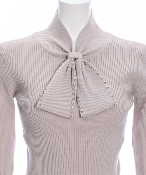 clear（クリア）の「ネックパールリボンリブニットトップス（ニット/セーター・レディース・アイボリー/ブラック/ピンクベージュ/グレイッシュベージュ・F）」の9枚目の写真