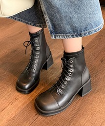 レザー調スクエアチャンキーレースアップショートブーツ
