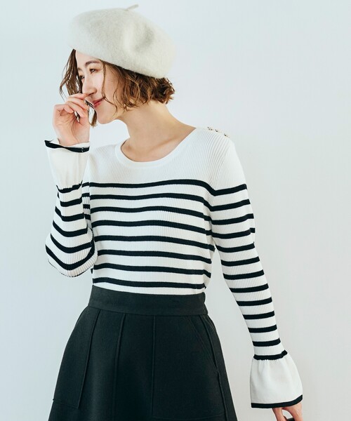 grove（グローブ）の「◆【美人百花2月号掲載】コーデのアクセントに♪ボーダーニットプルオーバー（ニット/セーター・レディース・ベージュ系1/ブラック系1/ネイビー系1・02/03/04/01/05）」の2枚目の写真