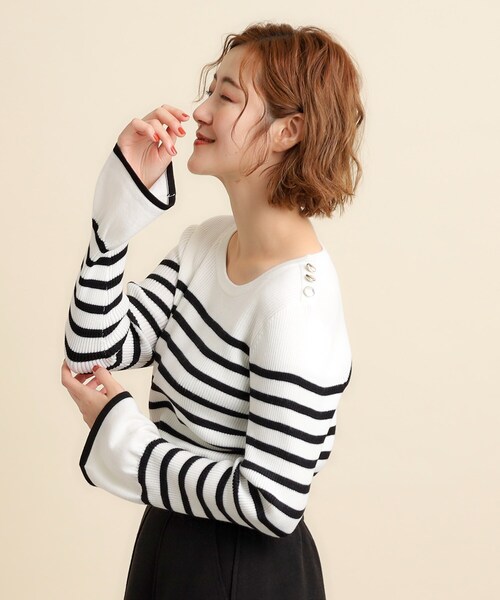 grove（グローブ）の「◆【美人百花2月号掲載】コーデのアクセントに♪ボーダーニットプルオーバー（ニット/セーター・レディース・ベージュ系1/ブラック系1/ネイビー系1・02/03/04/01/05）」の14枚目の写真