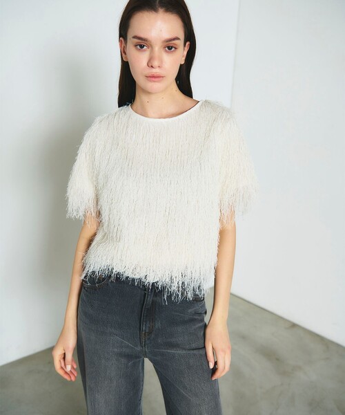 GRACE CONTINENTAL（グレースコンチネンタル）の「フリンジトップ（Tシャツ/カットソー・レディース・ピンク/ホワイト/ブラック・36）」の2枚目の写真