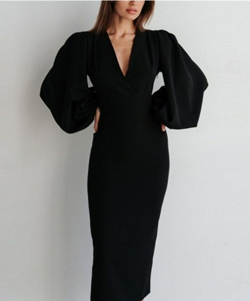 Ritomo De Ricco（リトモ・デ・リコ）の「SALE　Vネックバルーンスリーブペンシルドレス（ドレス・レディース・ブラック/ベージュ・MEDIUM/LARGE/SMALL）」の3枚目の写真