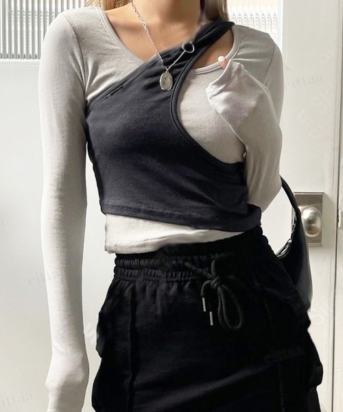 Dalfwin(ダールフィン)の「韓国ファッション ウエーブデザインレイヤードカットソー(Tシャツ/カットソー・レディース・グレー/ベージュ・FREE)」の3枚目の写真