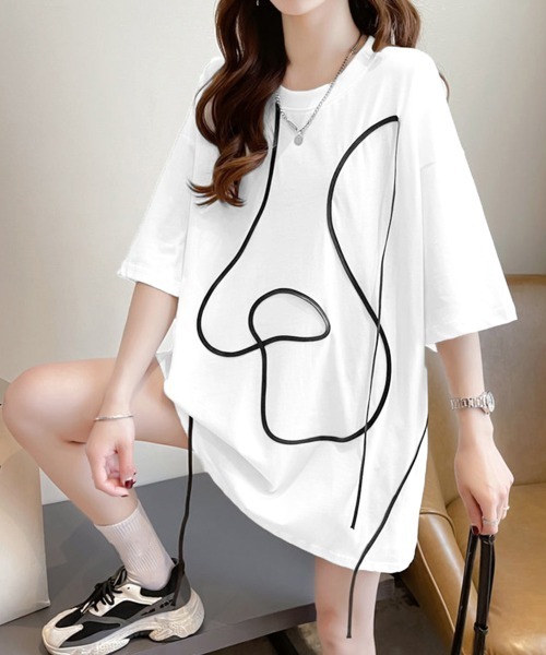 Miniministore（ミニミニストア）の「ロングTシャツ レディース半袖チュニック（Tシャツ/カットソー・レディース・ホワイト/ブラック・FREE）」の2枚目の写真