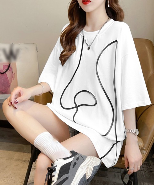 Miniministore（ミニミニストア）の「ロングTシャツ レディース半袖チュニック（Tシャツ/カットソー・レディース・ホワイト/ブラック・FREE）」の3枚目の写真