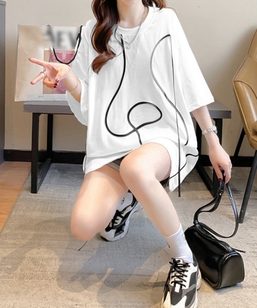 Miniministore（ミニミニストア）の「ロングTシャツ レディース半袖チュニック（Tシャツ/カットソー・レディース・ホワイト/ブラック・FREE）」の4枚目の写真