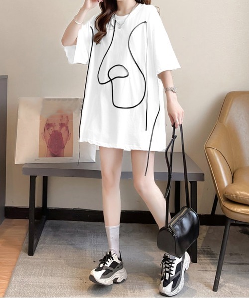 Miniministore（ミニミニストア）の「ロングTシャツ レディース半袖チュニック（Tシャツ/カットソー・レディース・ホワイト/ブラック・FREE）」の5枚目の写真