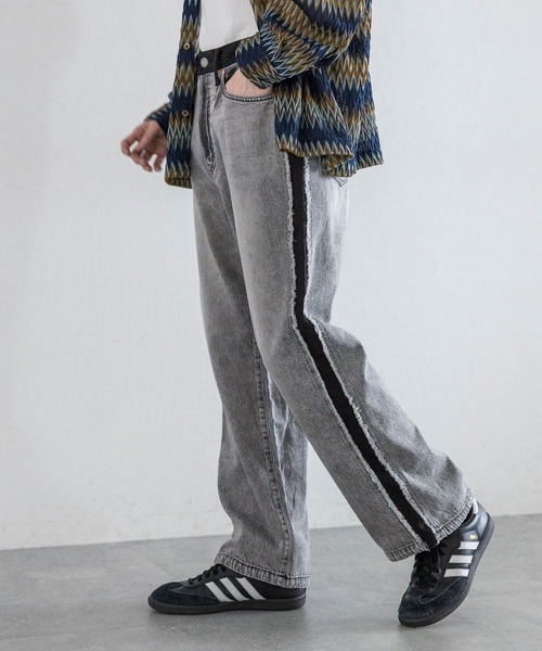 デニムワイドパンツ side line リメイク ジーンズ 「FVLMEN」remake side fringe line wide denim