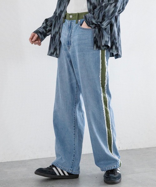 リメイクデニム　デニムパンツ　ラインパンツ　リメイクパンツ　古着　ストレート リメイクデニム デニムパンツ ラインパンツ リメイクパンツ 古着