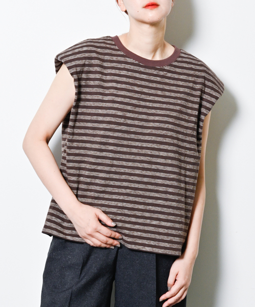 セール】KURO 別注 POWER SHOULDER SOLID N/S Tシャツ[BORDER