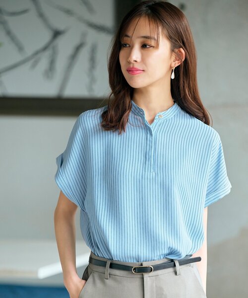 grove（グローブ）の「◆【イージーケア・接触冷感】ストライプシャツブラウス（シャツ/ブラウス・レディース・サックスブルー系2/ライトイエロー系3/ネイビー系2/ホワイト系3/ホワイト系その他3・03/02/01/04/05）」の4枚目の写真