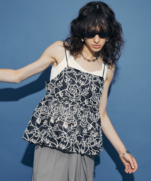 セール】Flower Jacquard Sheer Camisole / フラワージャガード