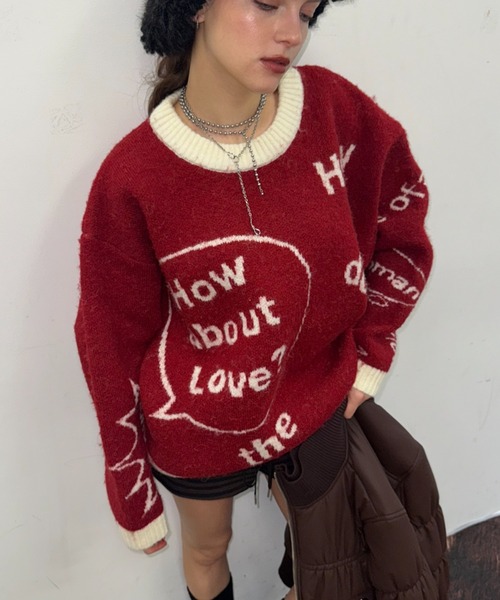 SHAGGIE（シャギー）の「ウール混全面ロゴ編みプルオーバーニット（ニット/セーター・レディース・ブラック/カーキ/レッド・FREE）」の3枚目の写真