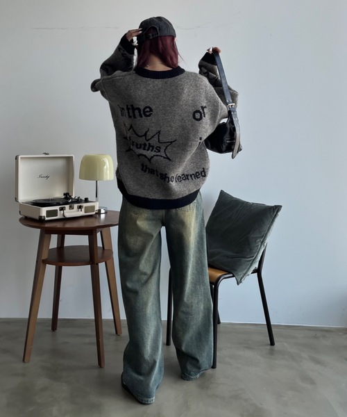 SHAGGIE（シャギー）の「ウール混全面ロゴ編みプルオーバーニット（ニット/セーター・レディース・ブラック/カーキ/レッド・FREE）」の7枚目の写真