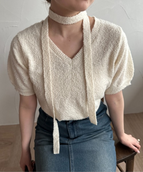 raffime(ラフィミー)の「チョーカーリボンサマーニット(Tシャツ/カットソー・レディース・アイボリー/ピンク・フリー)」の2枚目の写真